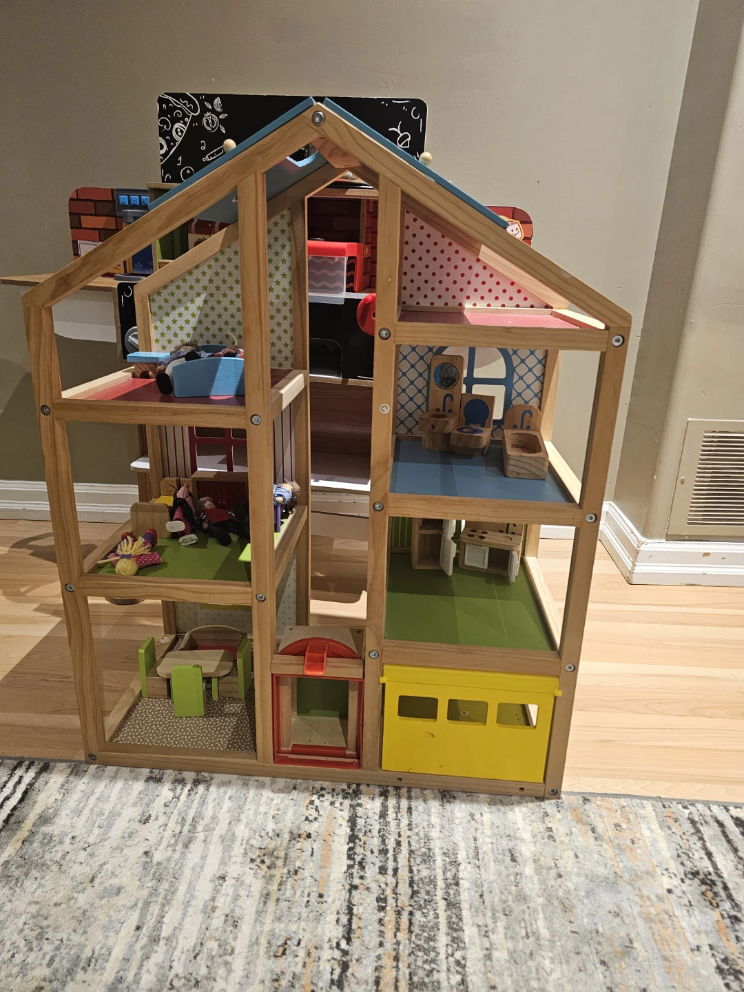 Wooden Dollhouse with Furniture and Dolls