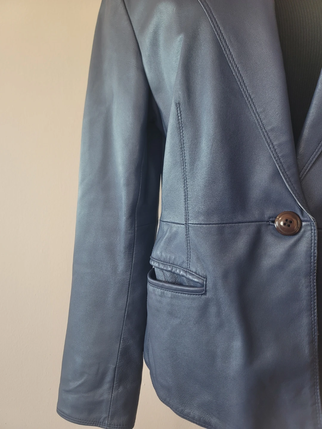 Jones New York Vintage 100%  Leather Blue Blazer Jacket Spring - photo 5
