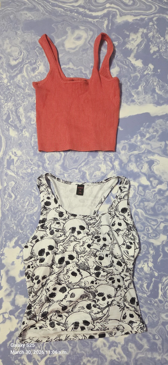 Two Tank Tops - Red Ribbed & Skull Print