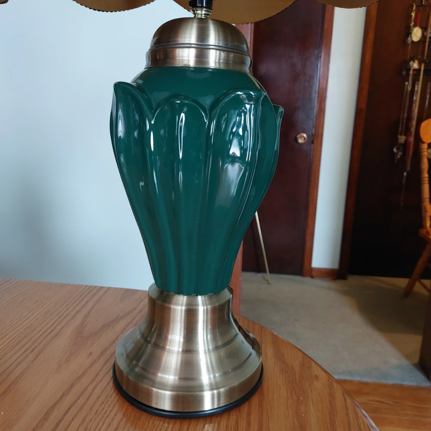 Pair of Green and Brass Table Lamps with Black Shades - photo 3
