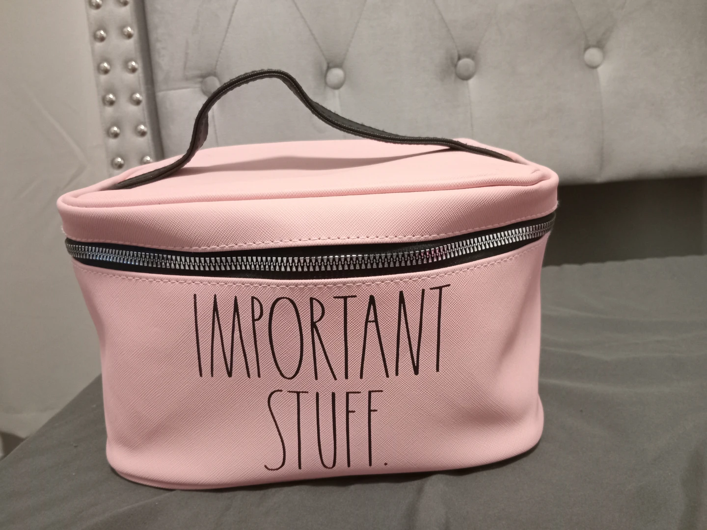 Rae Dunn Pink "IMPORTANT STUFF" Train Case Cosmetic Bag