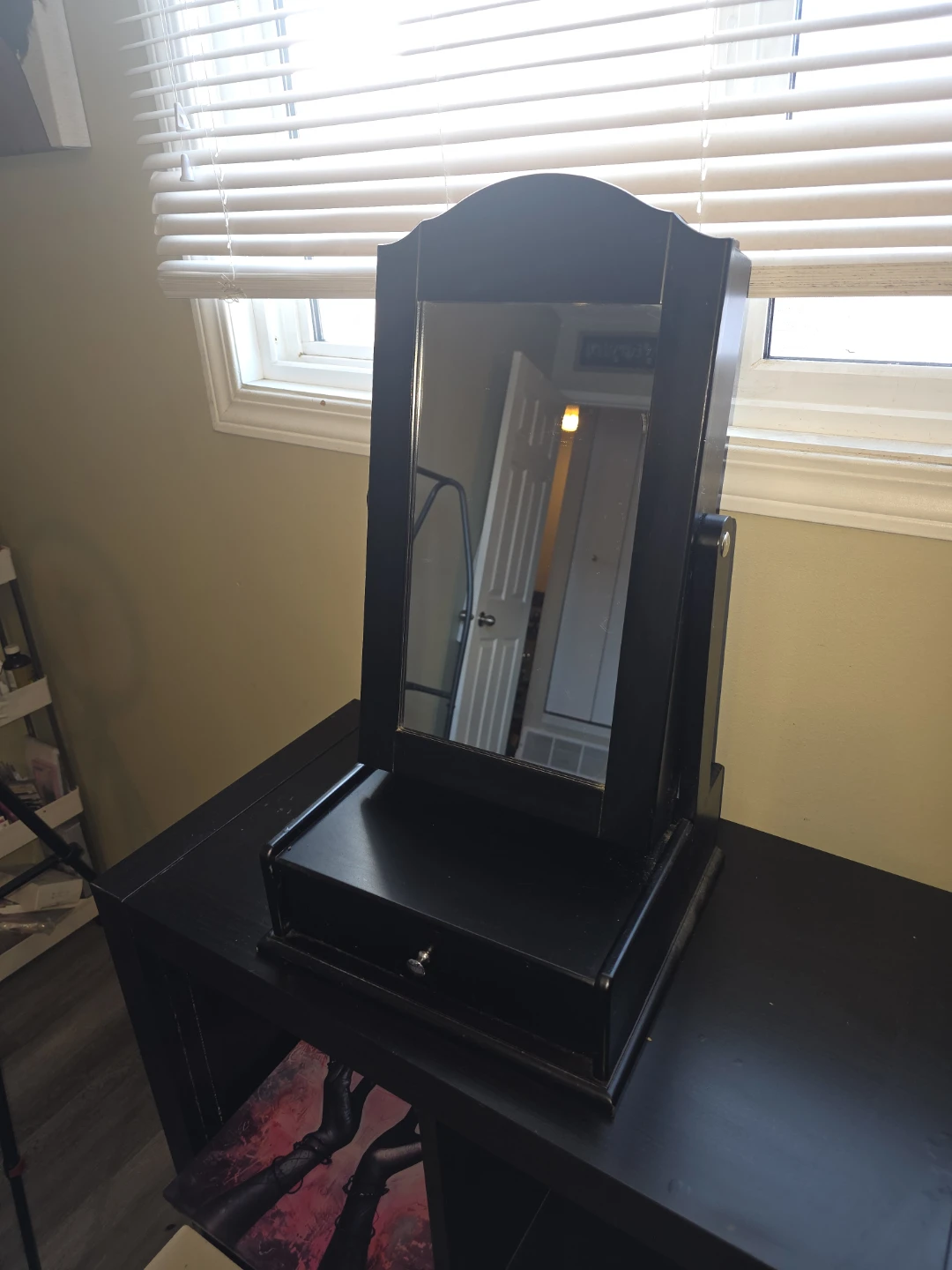 Black Swivel Vanity Mirror with Jewlery Box