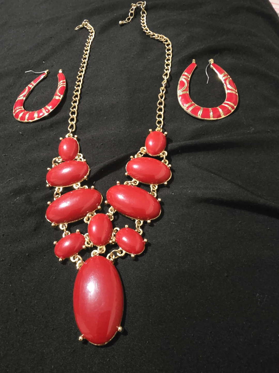 Red & Gold Statement Necklace and Hoop Earrings Set - photo 2