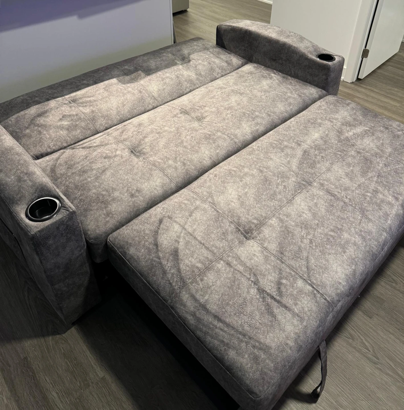 Grey Sofa Bed with Chaise and Cup Holders
