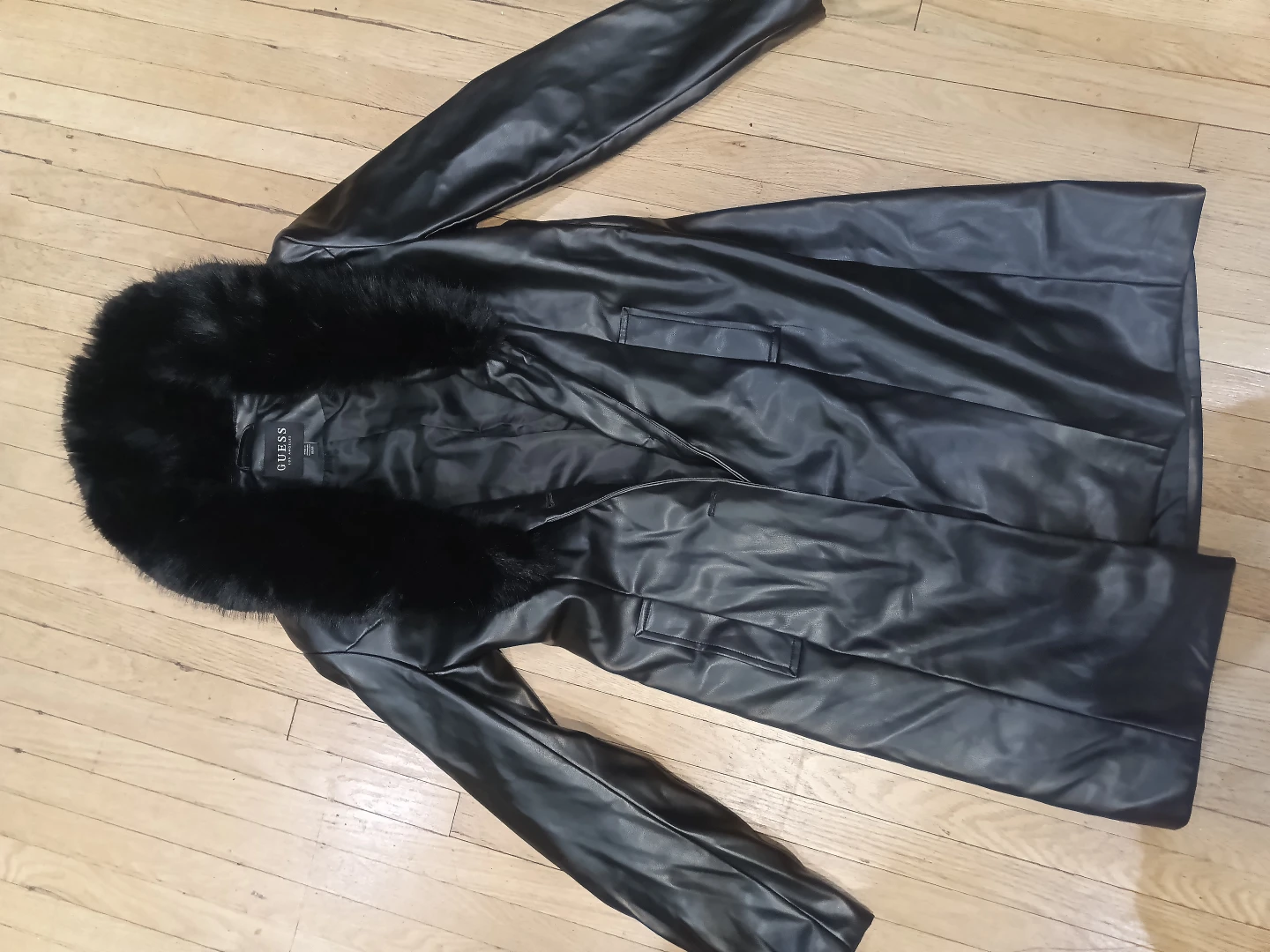 GUESS Black Faux Leather & Fur Collar Coat M/M