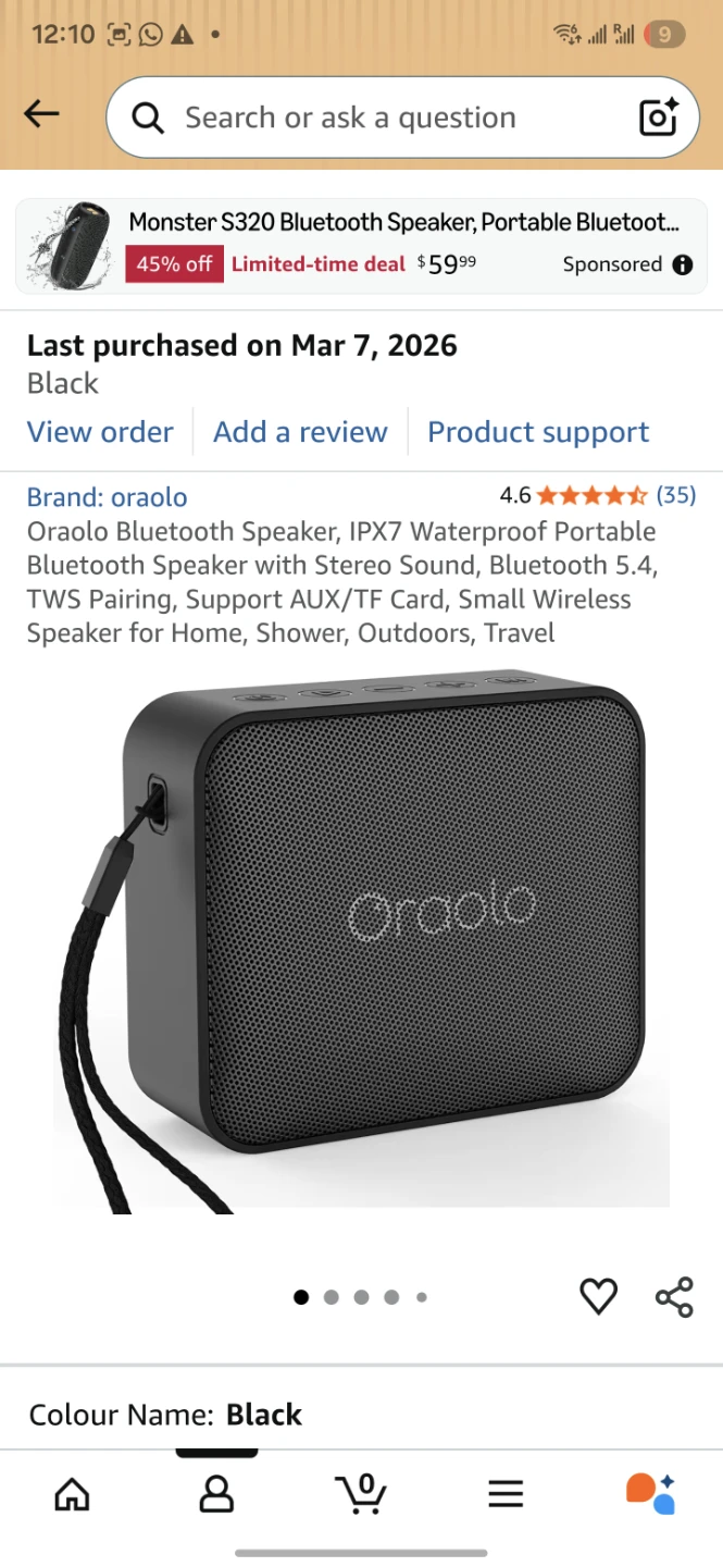 Oraolo Bluetooth Speaker, Portable, Waterproof, Black