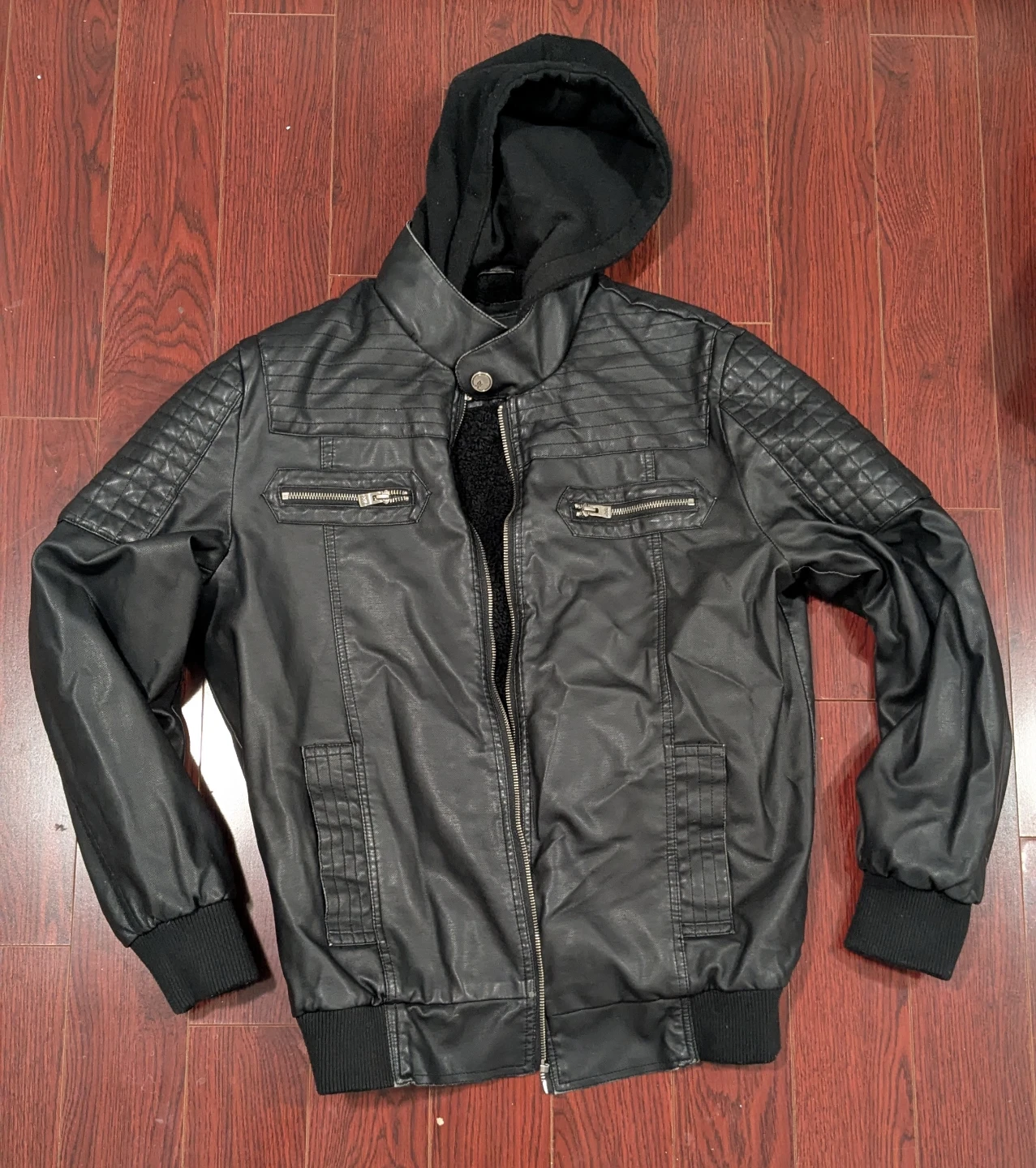 Men's Black Faux Leather Hooded Bomber Jacket
