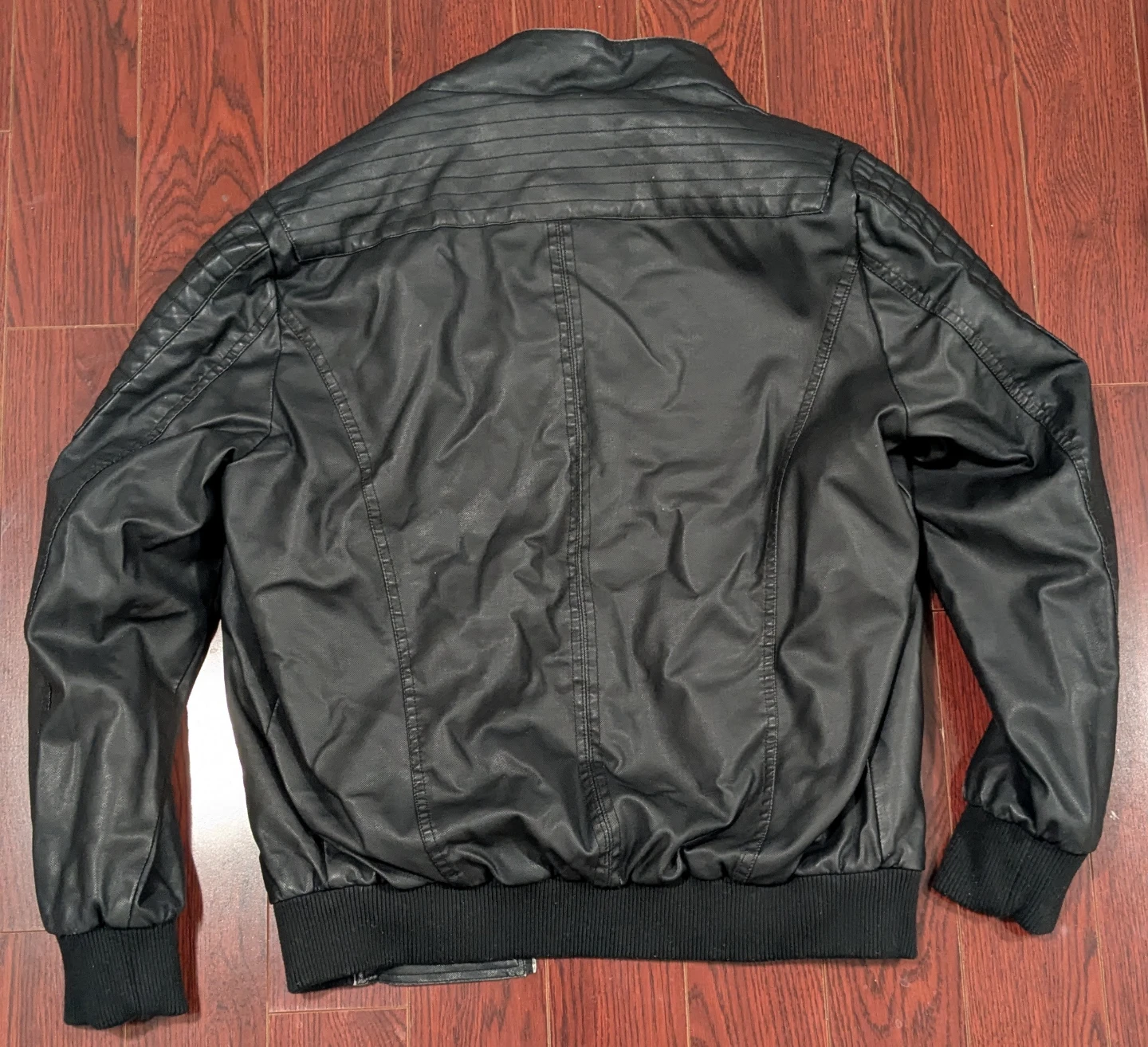 Men's Black Faux Leather Hooded Bomber Jacket - photo 2
