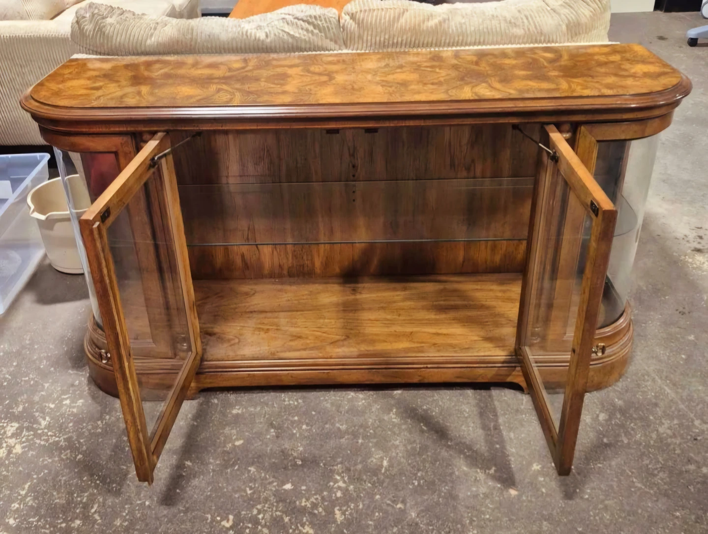 Art Deco Curved Glass Curio Cabinet With Burlwood Top - photo 3