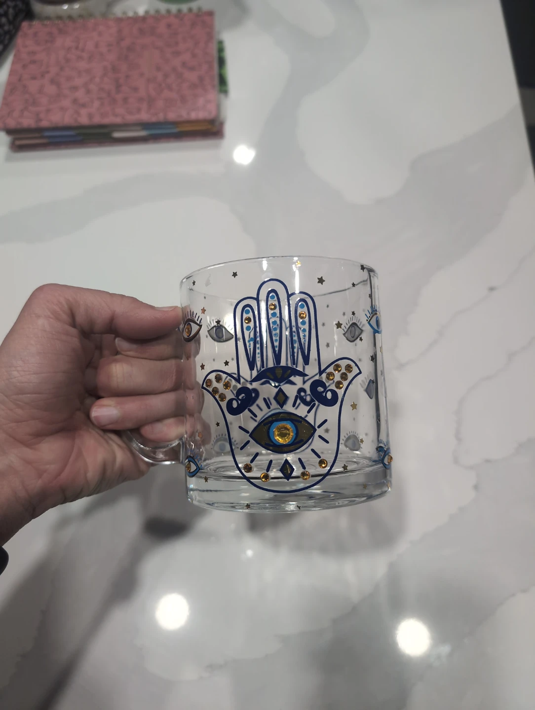 Clear Glass Mug with Hamsa Hand and Eye Design - photo 2
