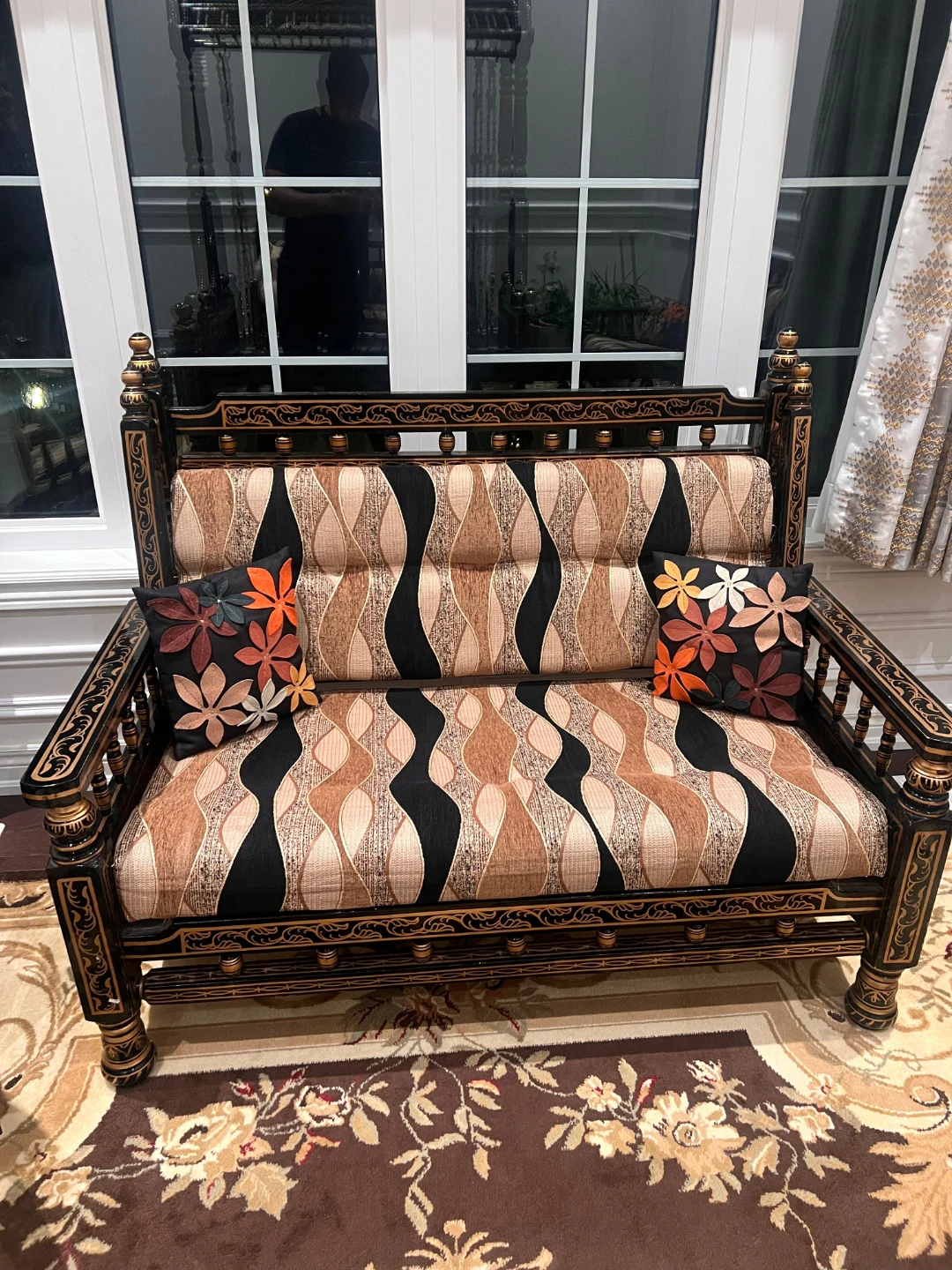 Vintage Black and Gold Wood Sofa Set with Coffee Table