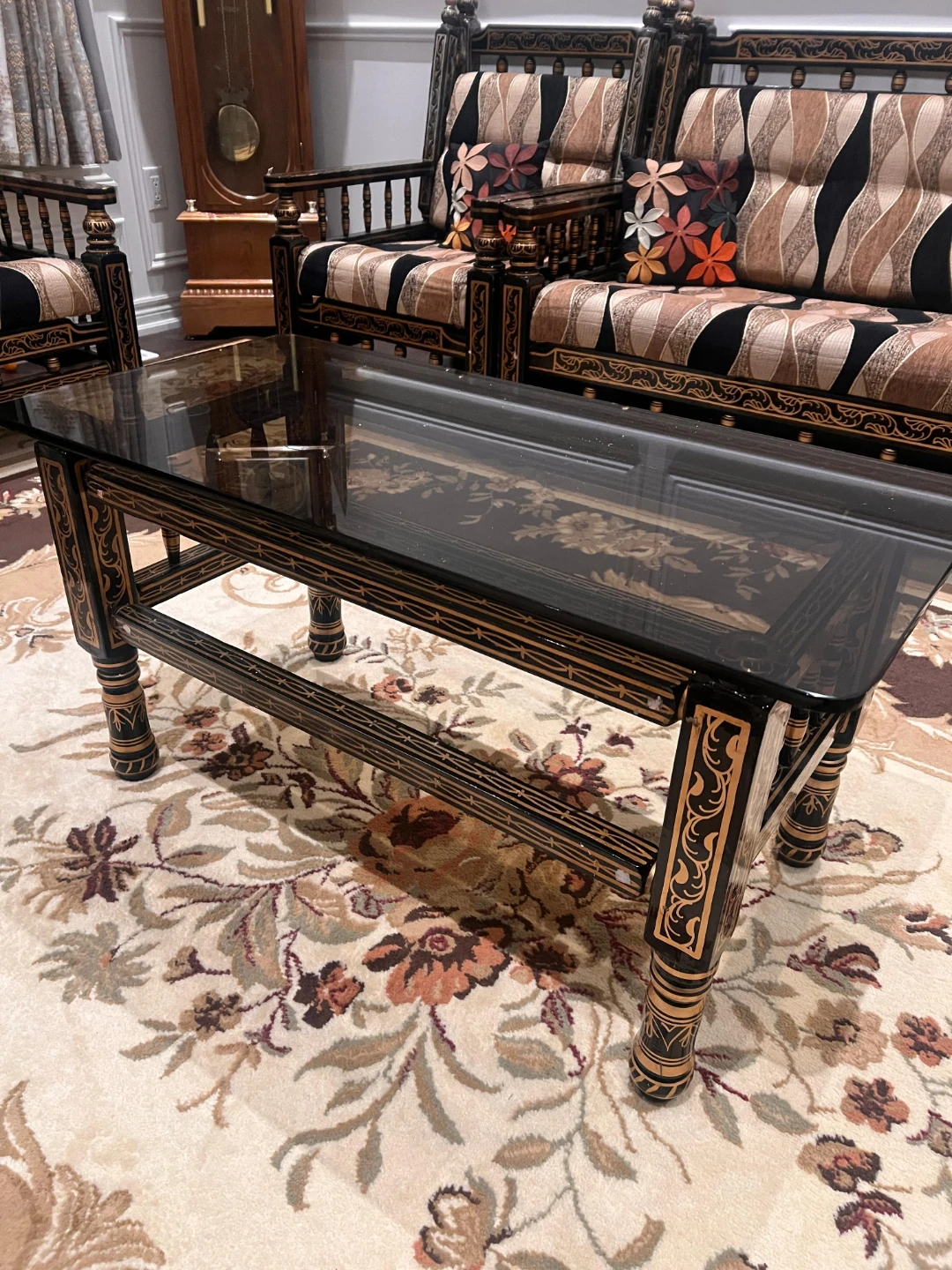 Vintage Black and Gold Wood Sofa Set with Coffee Table - photo 5