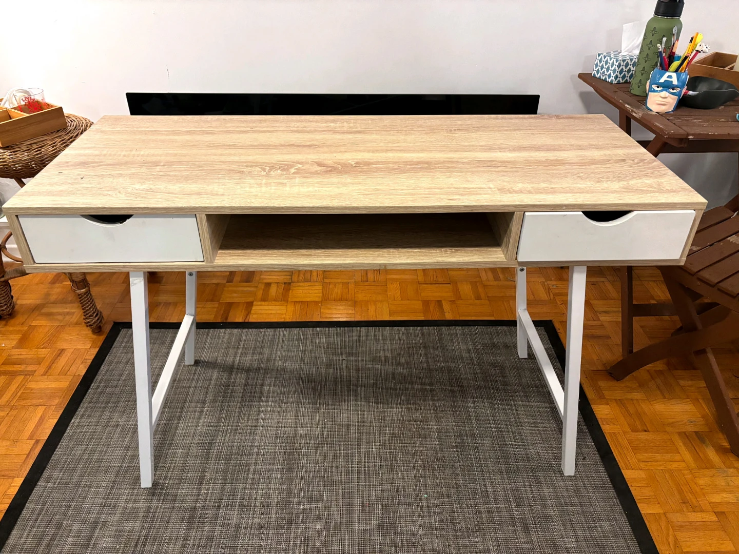 Light Wood Grain Desk with White Drawers and Shelf