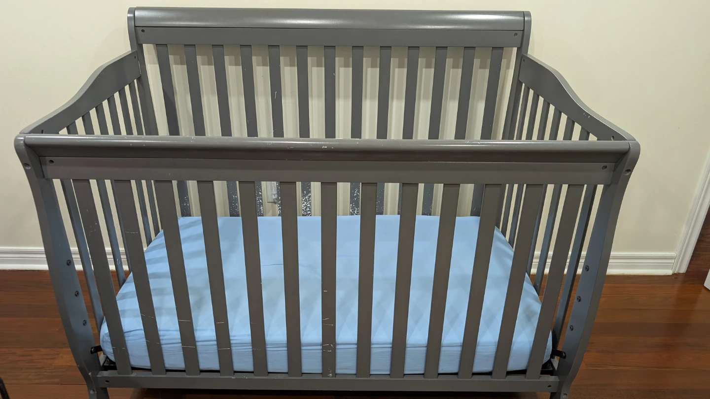 Grey Wooden Baby Crib with mattress