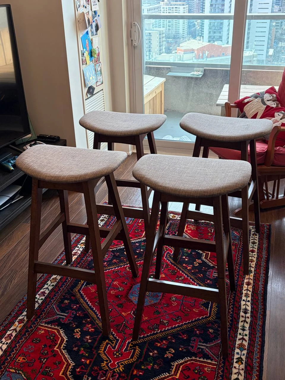 Set of 4 Wooden Bar Stools with Upholstered Seats