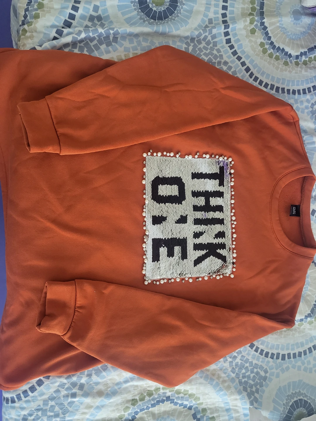 Korea Made Orange Sequined "THINK OF ME" Sweatshirt