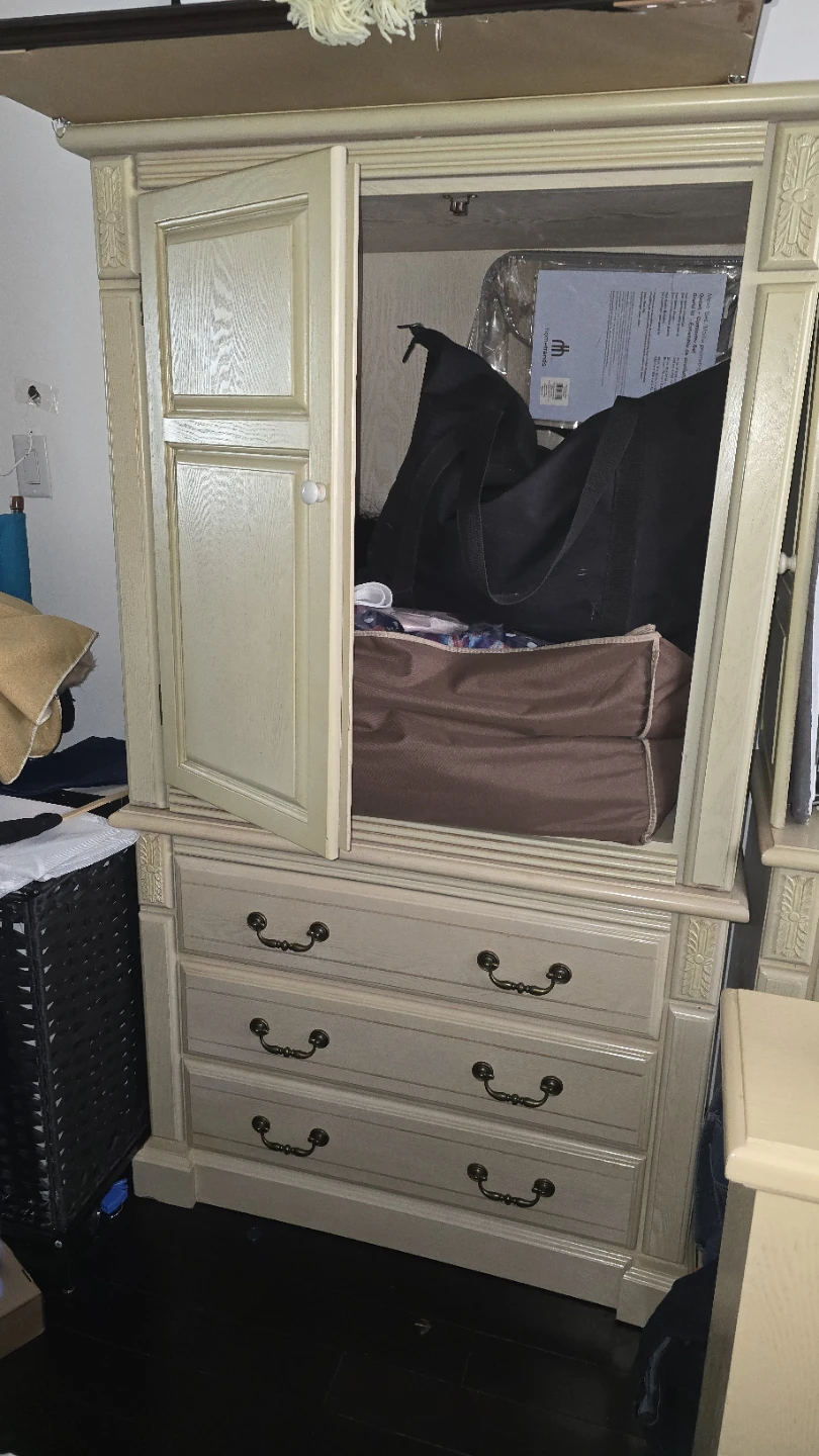 Cream Wood Armoire with Drawers