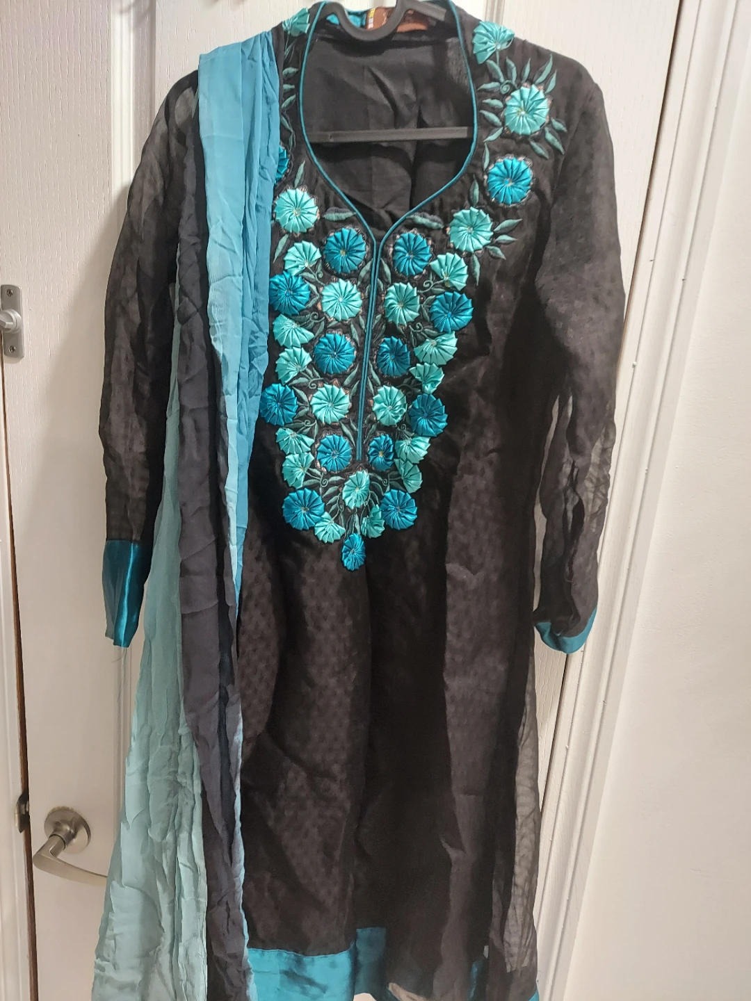 Black Embroidered Kurti with Blue Scarf