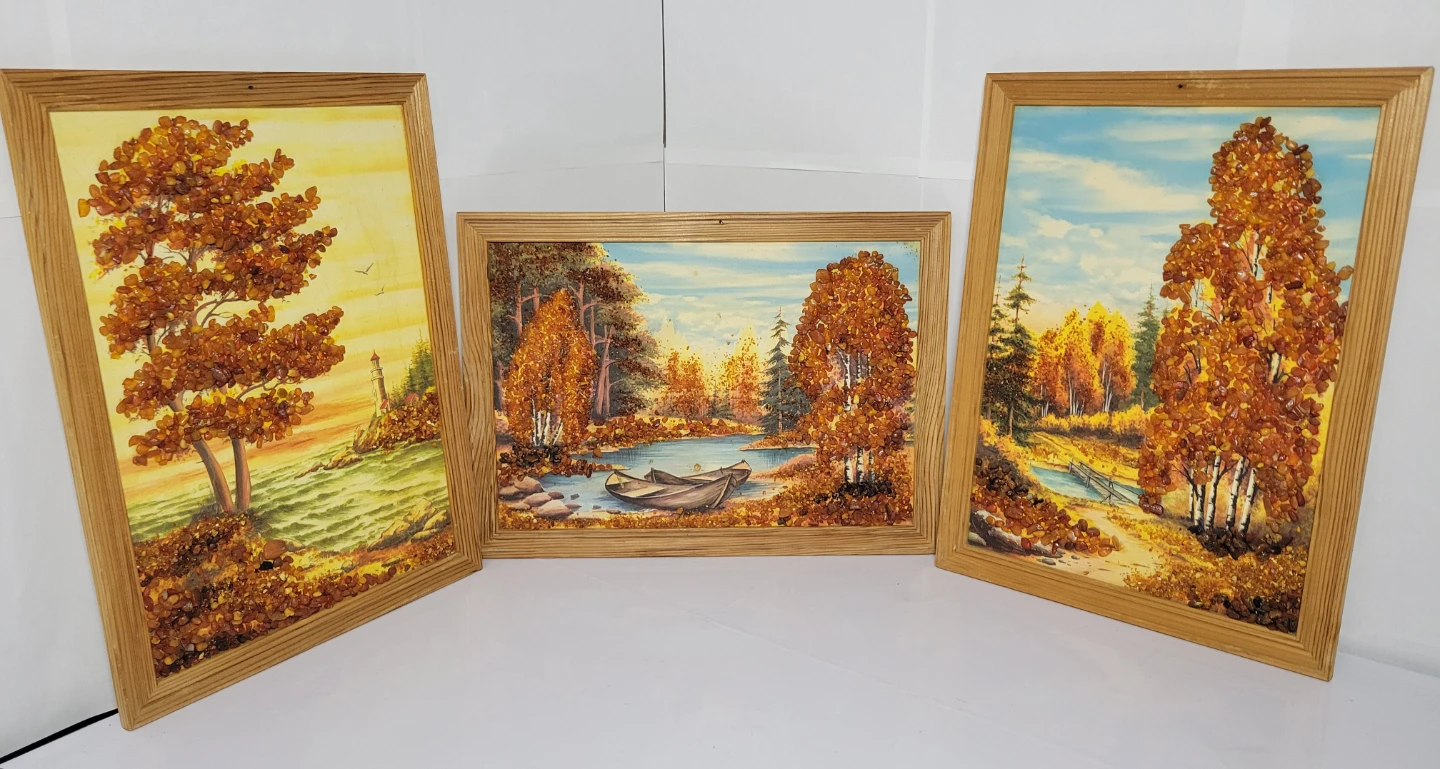 Framed Vintage Handmade USSR Amber Landscape Arts Set of 3