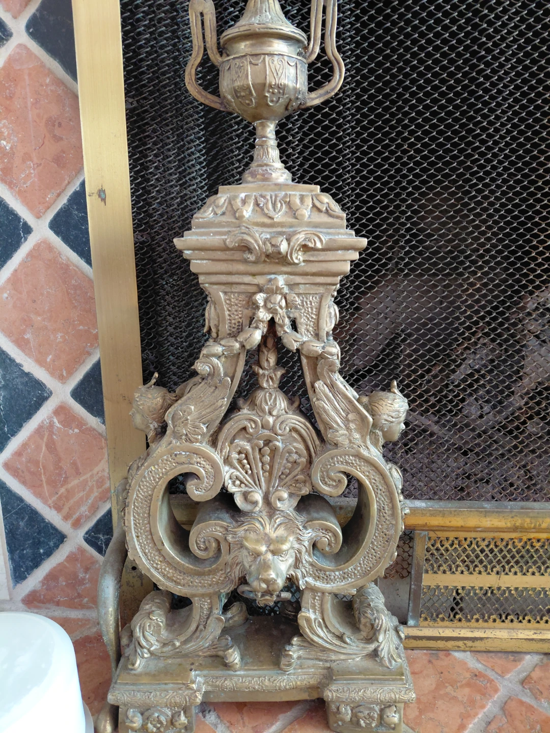 Ornate Brass Lion Head Fireplace Screen