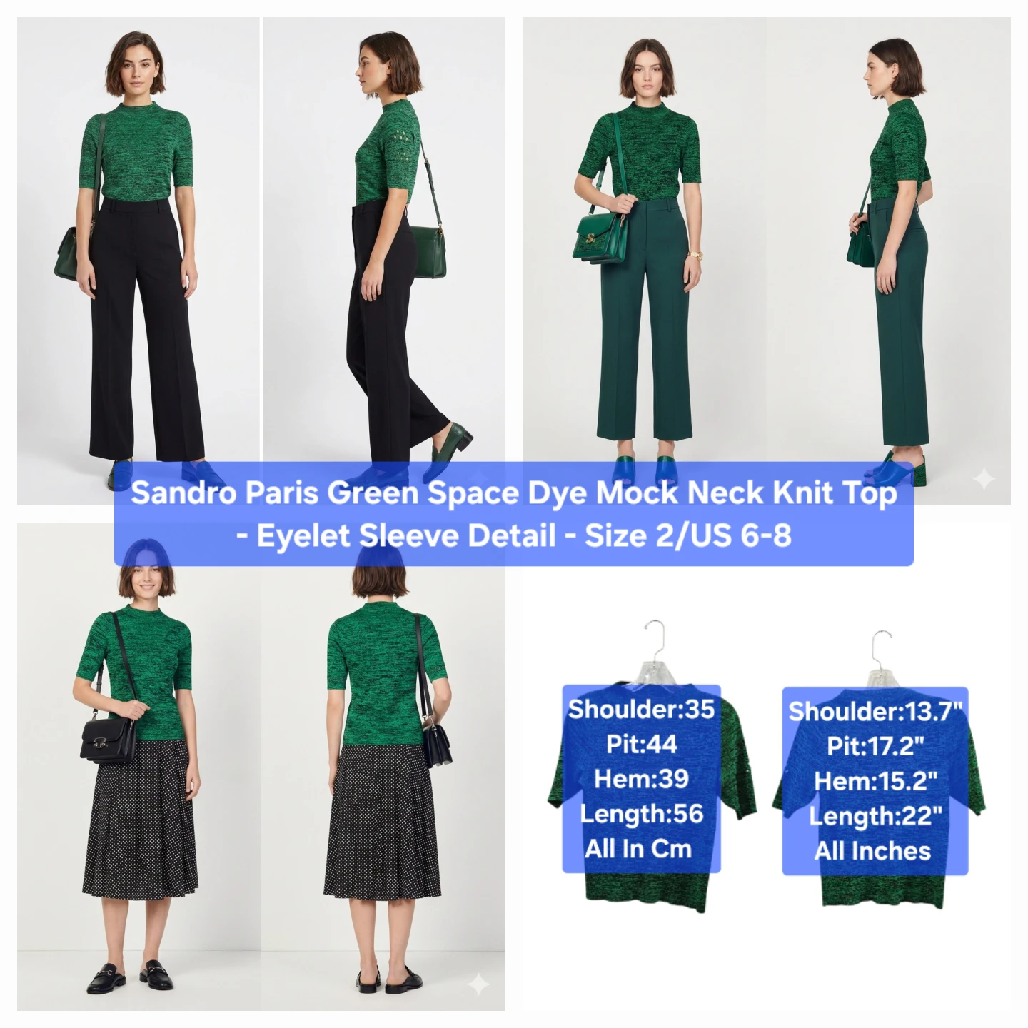 Sandro Dye Mock Neck Knit Top Eyelet Sleeve Detail Size 6-8