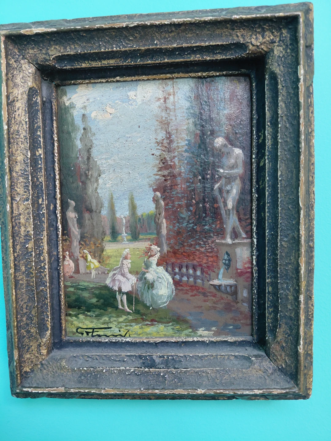 Vintage Framed Oil Painting of a Garden Scene