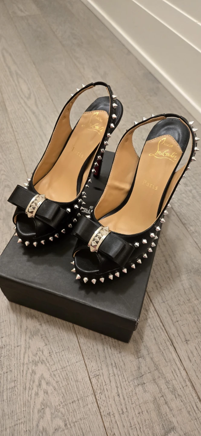 Christian Louboutin Black Studded Bow Peep-Toe Heels Size 37