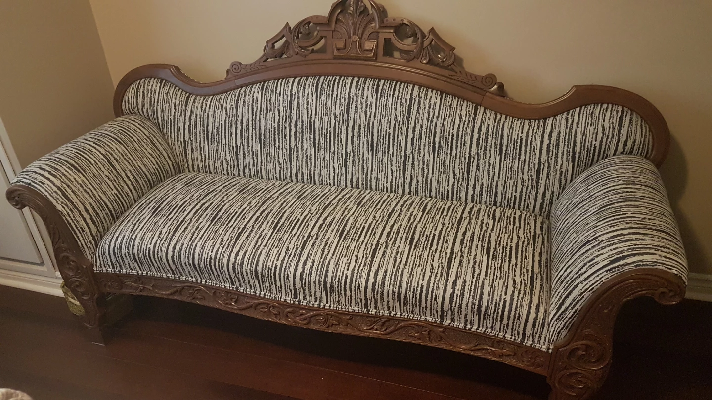 Vintage Carved Wood Sofa with Striped Upholstery - photo 2