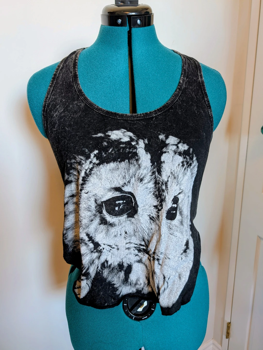 Black Tank Top with Owl Graphic and Cutout Back