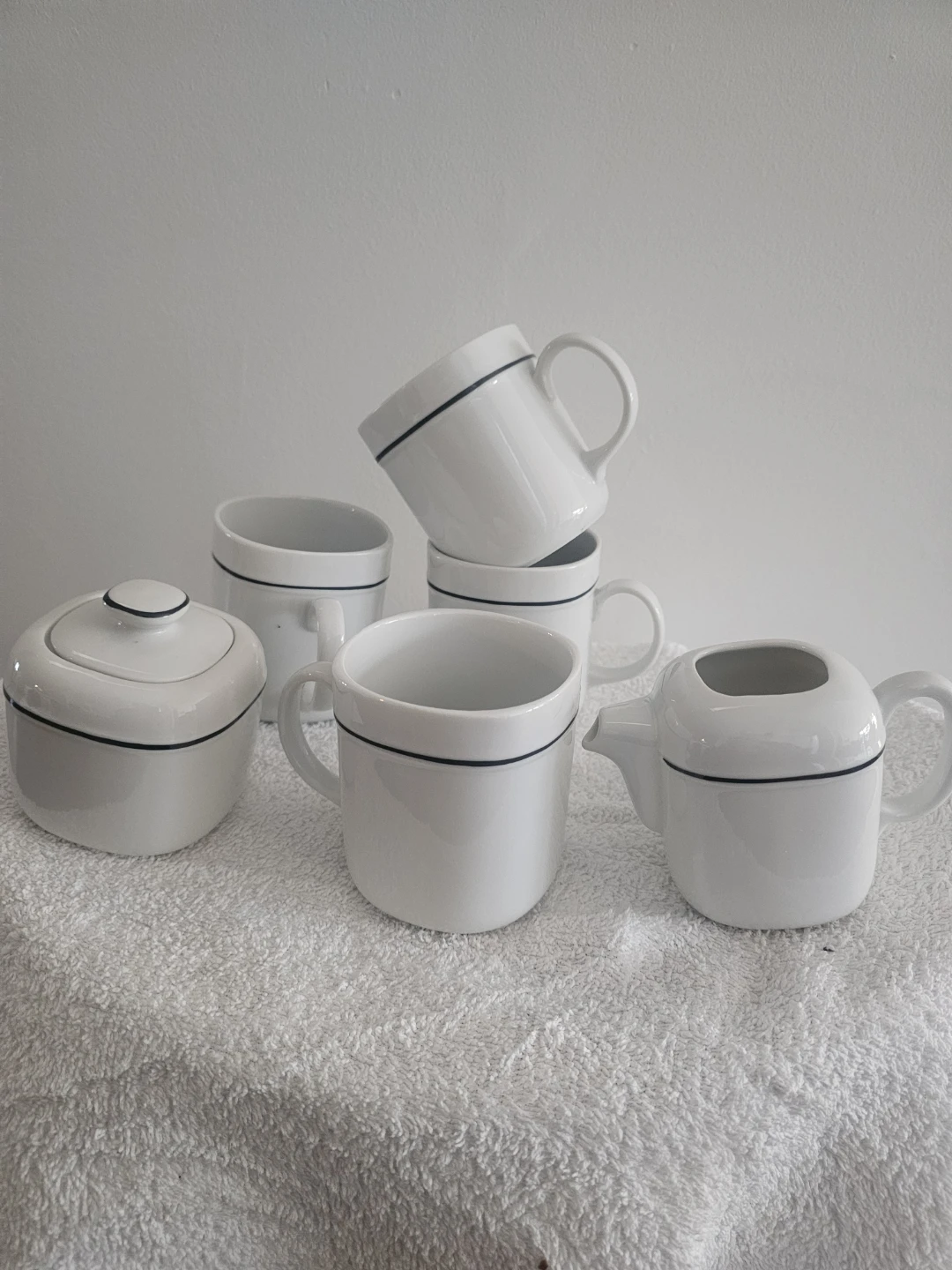 White Ceramic Tea Set with Blue Trim