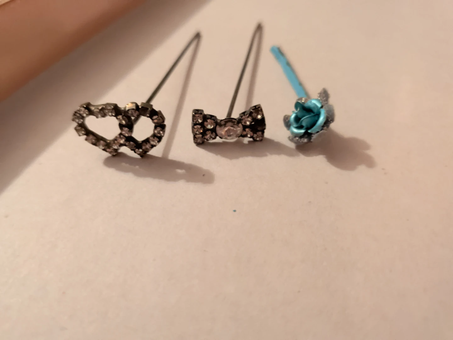 3pc Rhinestone Hair Pins - Heart, Bow, Rose