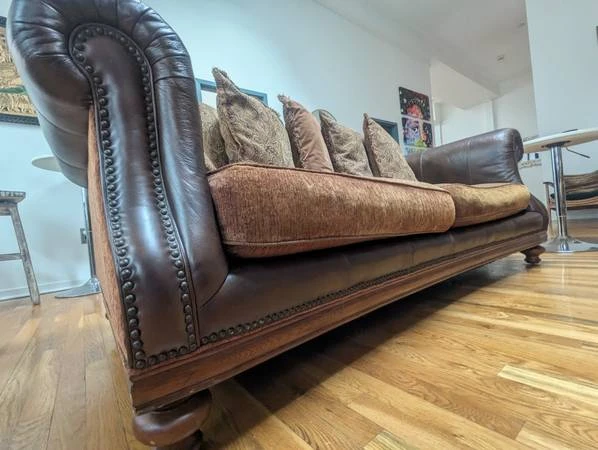 Brown Leather Chesterfield Sofa with Decorative Pillows - photo 2