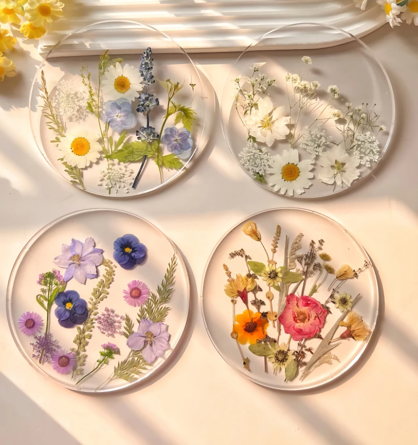 Set of 4 Pressed Flower Resin Coasters