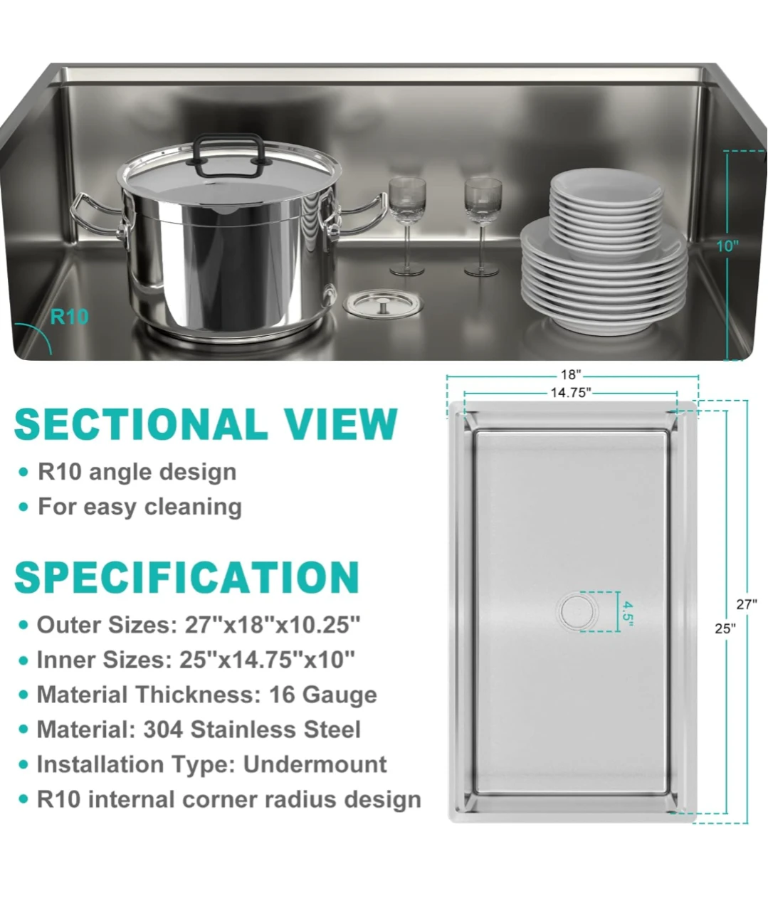 Stainless Steel Undermount Kitchen Sink with Accessories - photo 3