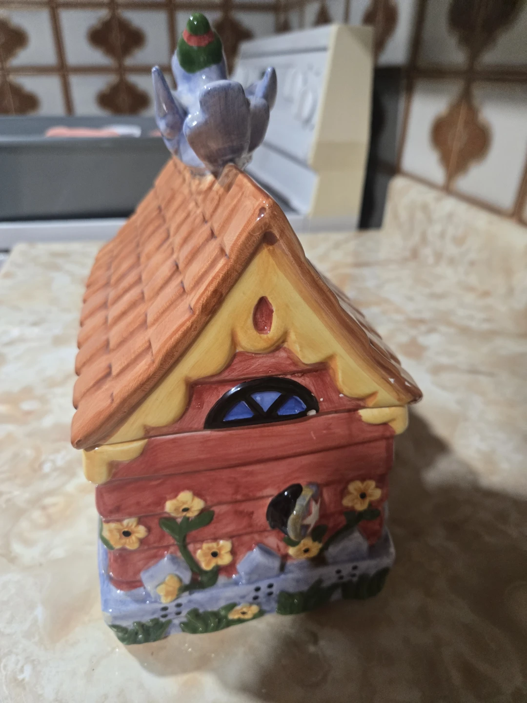 Ceramic House  Cookie Jar with Bird