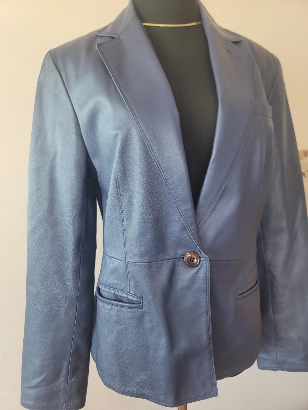 Jones New York Vintage 100%  Leather Blue Blazer Jacket Spring - photo 3