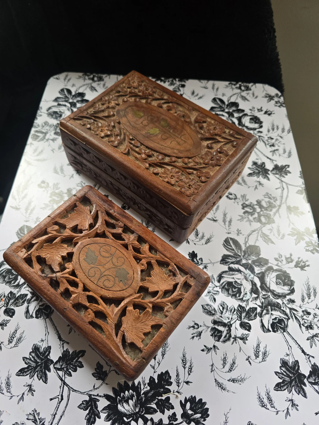 2 Vintage Hand-Carved Wooden Boxes Floral Design