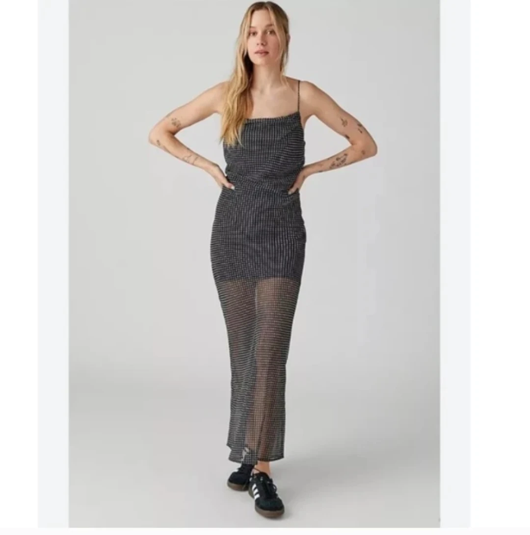 Urban Outfitters Rosalie Maxi Slip Dress Black polka