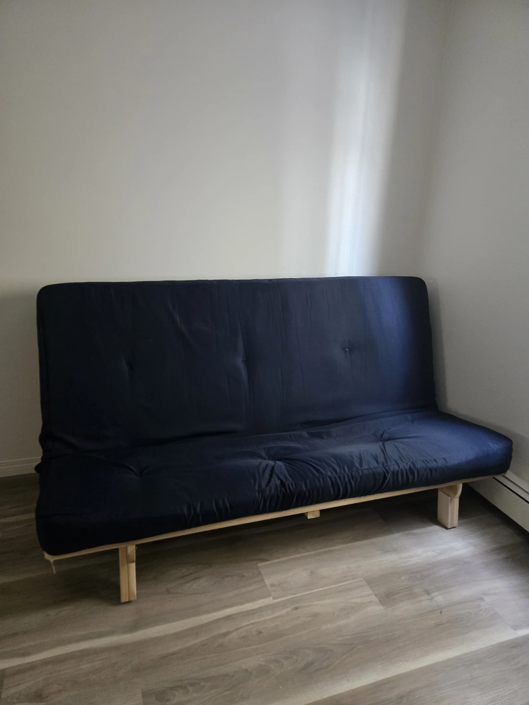Dark Blue Futon with Wood Frame & foam mattress topper