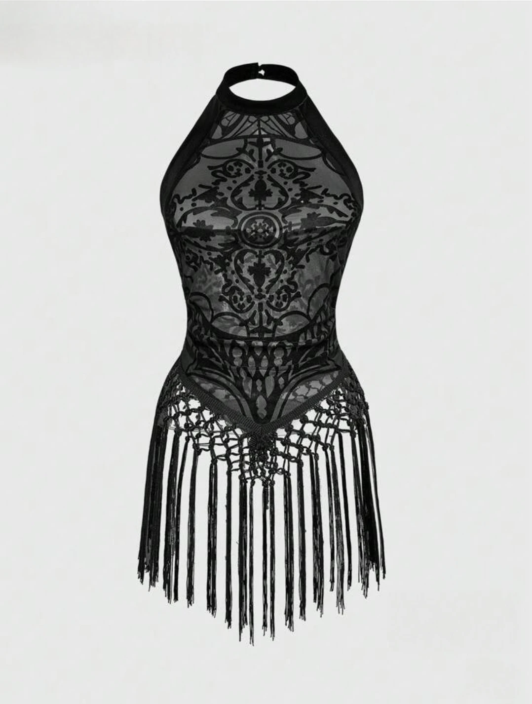 Black sheer lace halter top with fringe