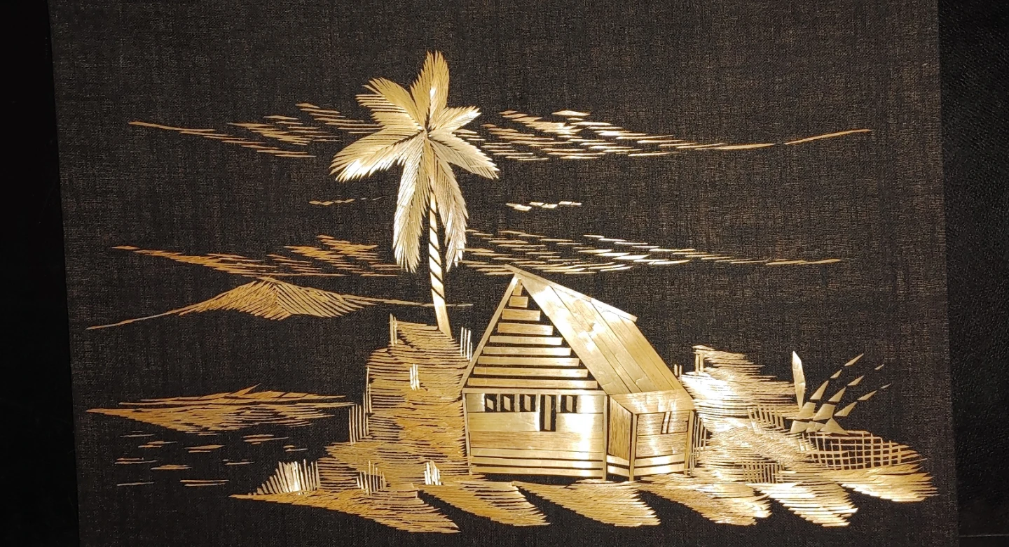 Handmade Straw Indonesian Art Tropical Scene Wall Hanging