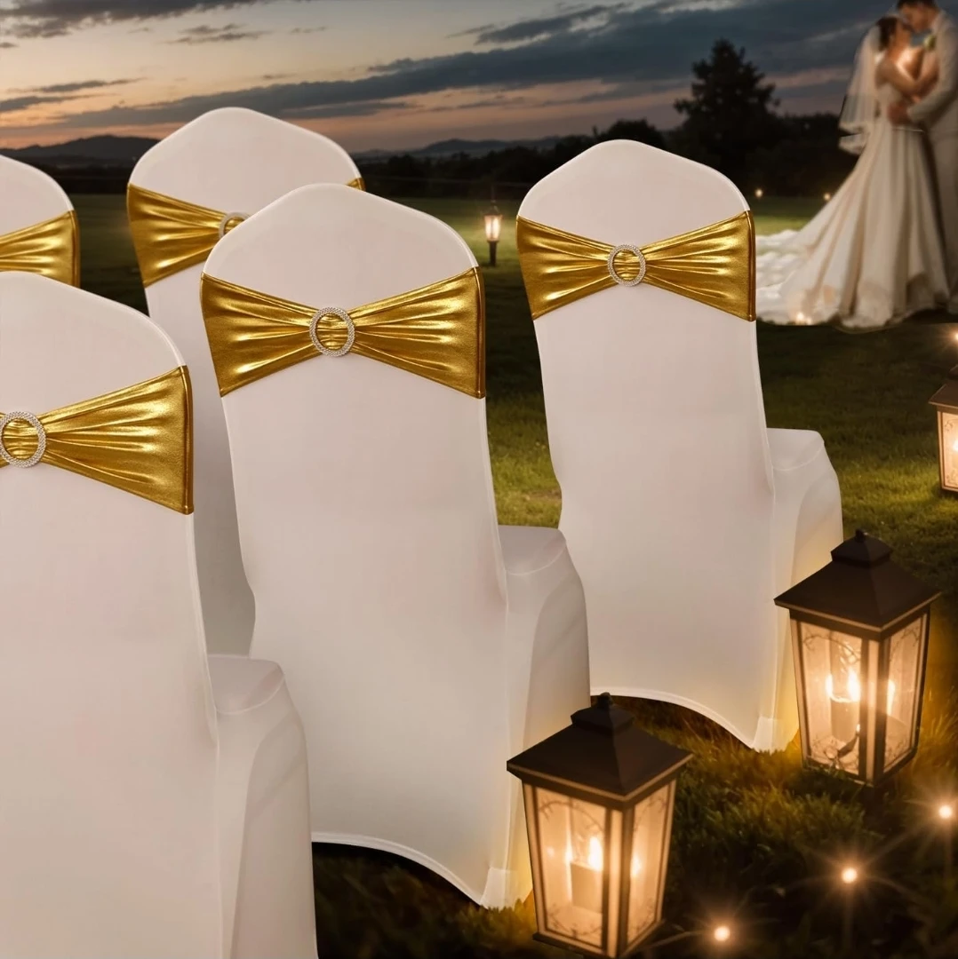 100 picese White Spandex Chair Covers Gold Bow Buckle - photo 5