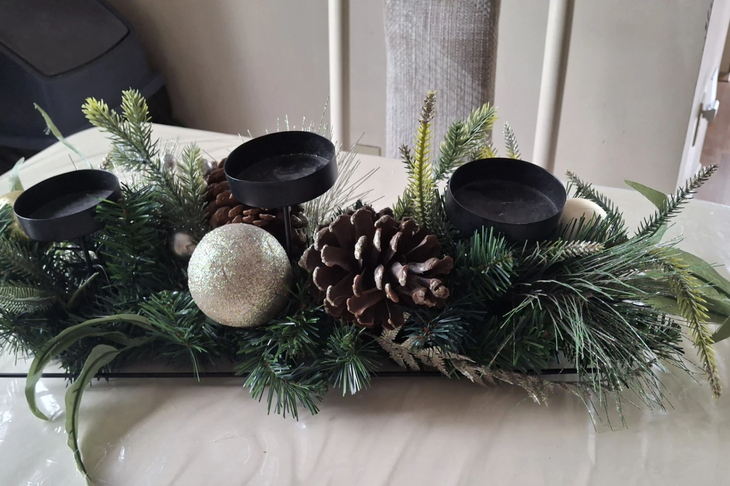 Candle Centerpiece with Pinecones and Ornaments - photo 2