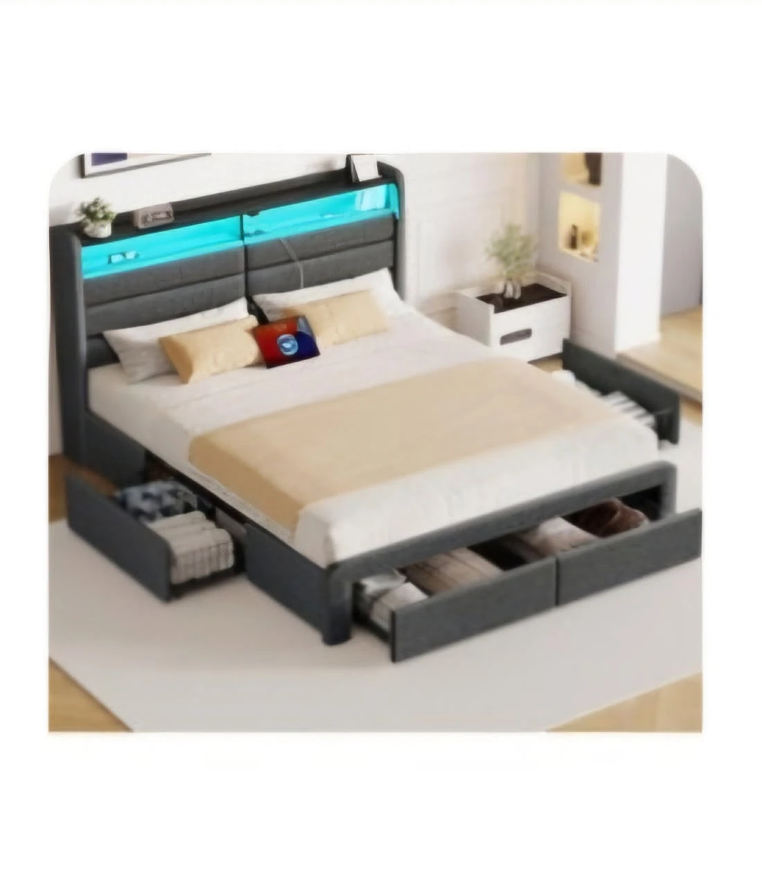 Grey Upholstered Bed Frame with Storage and LED Lights
