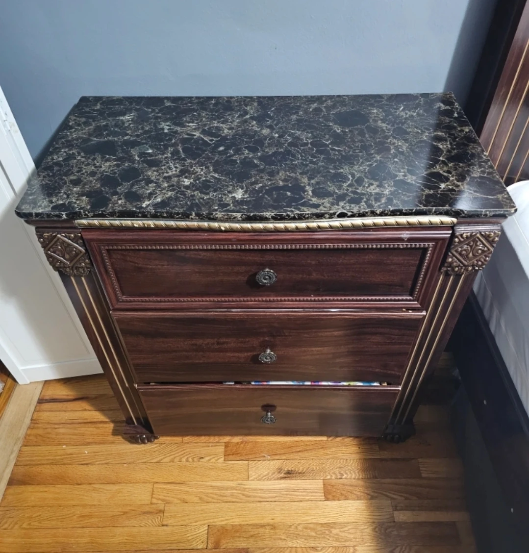 Dark Wood Nightstand with Faux Marble Top