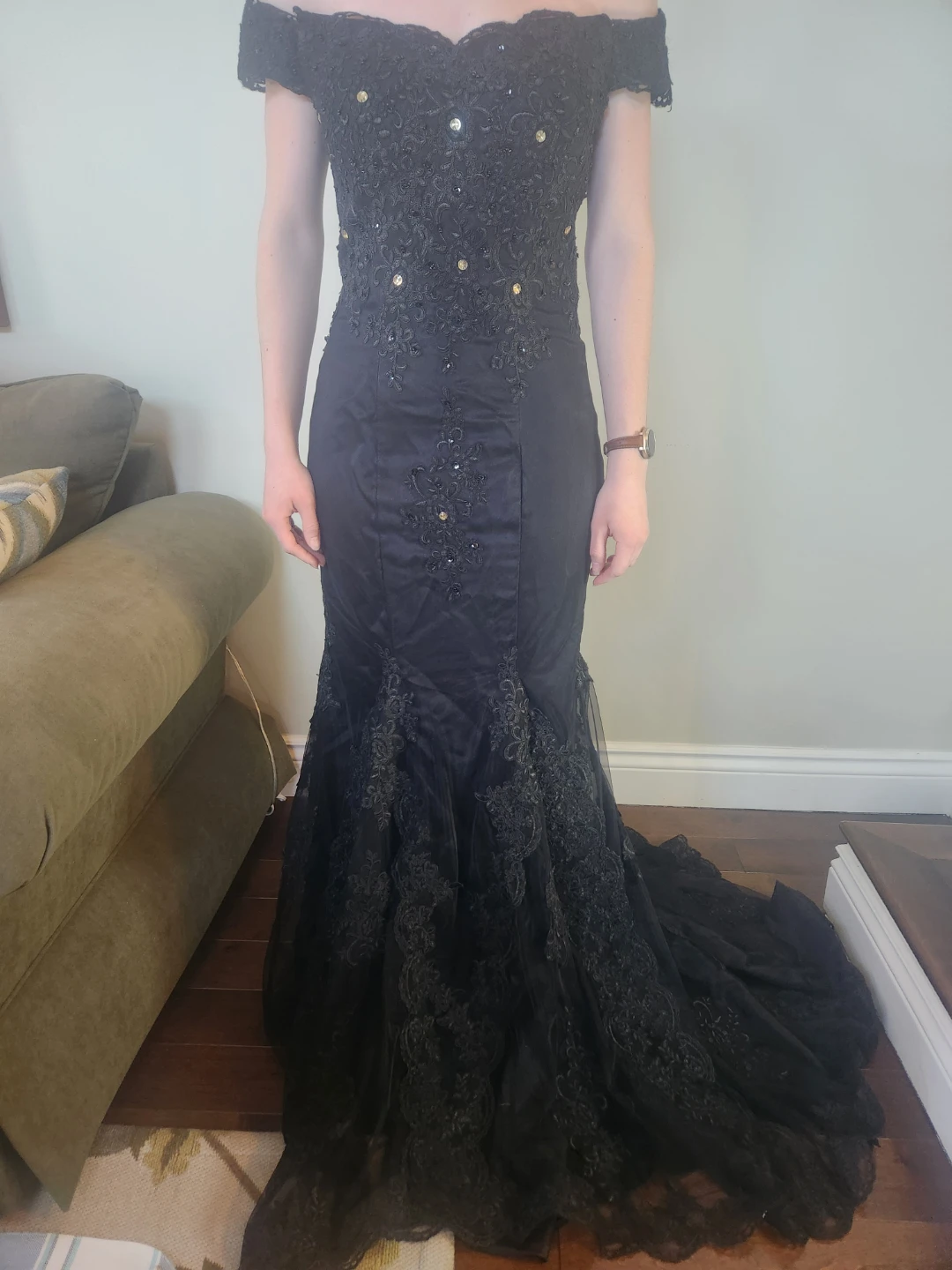 Black Off-the-Shoulder Beaded Lace Formal Gown