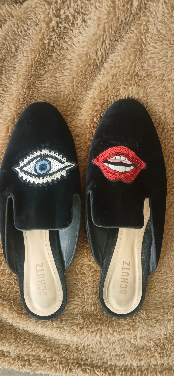 Schutz Black Velvet Mules with Eye and Lips Embroidery