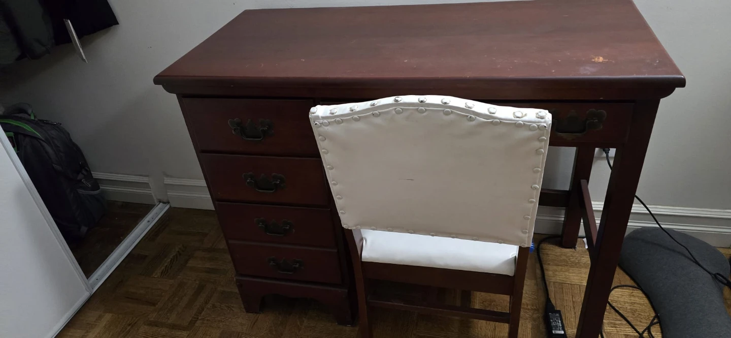 Dark Wood Desk and White Upholstered Chair Set