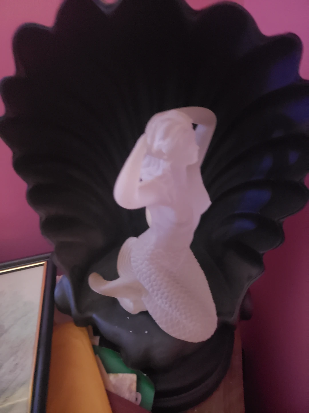 White Mermaid Sculpture with Black Shell Base