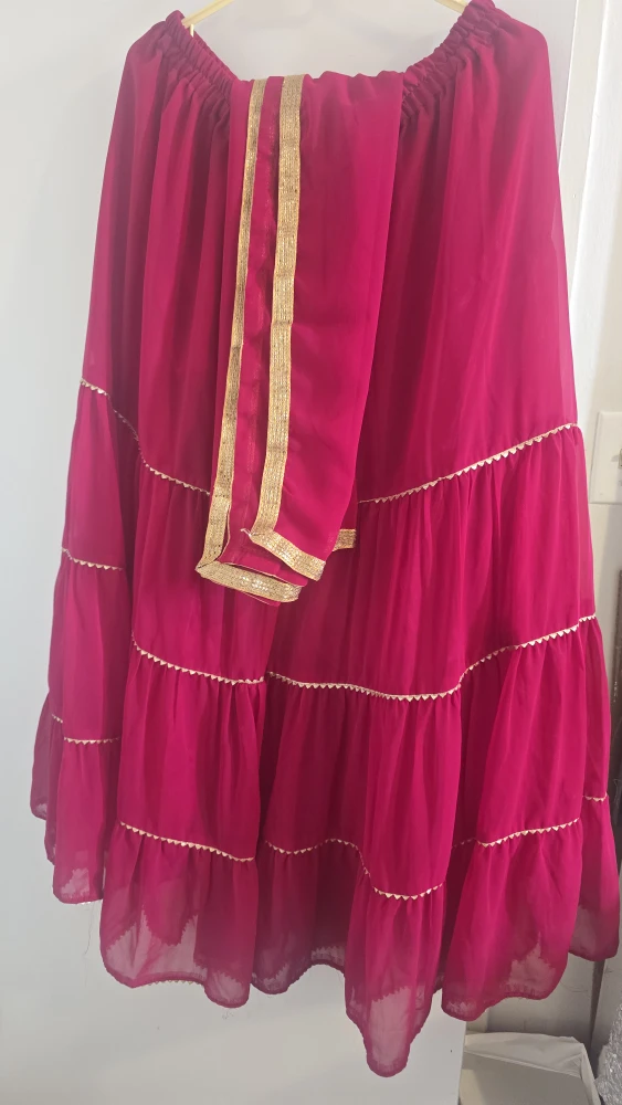 Pink Tiered Dress with Gold Trim and Embellishments - photo 5